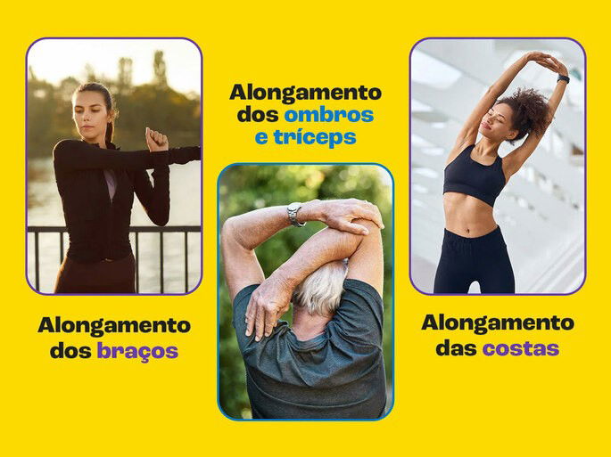 montagem de fotos com exemplos de alongamentos de membros superiores