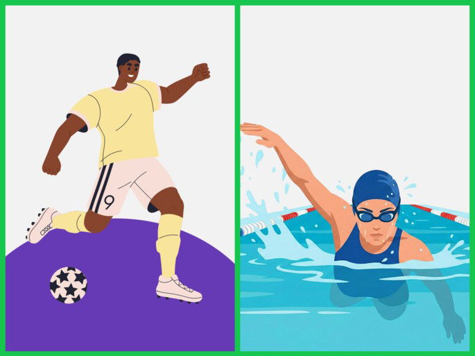 Exemplos de esportes como futebol e natação.