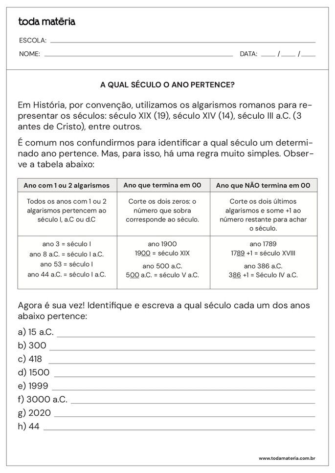 Atividades Sobre Tempo Cronológico E Periodização História Toda Matéria