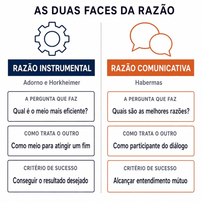 Diagrama comparando raz&atilde;o instrumental e raz&atilde;o comunicativa: a pergunta que cada uma faz, como trata o outro e o crit&eacute;rio de sucesso
