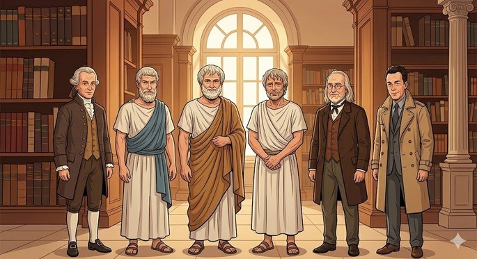 Imagem criada por IA dos fil&oacute;sofos (esquerda para a direita): Immanuel Kant, Epicuro, Arist&oacute;teles, S&ecirc;neca, Jeremy Bentham e Albert Camus