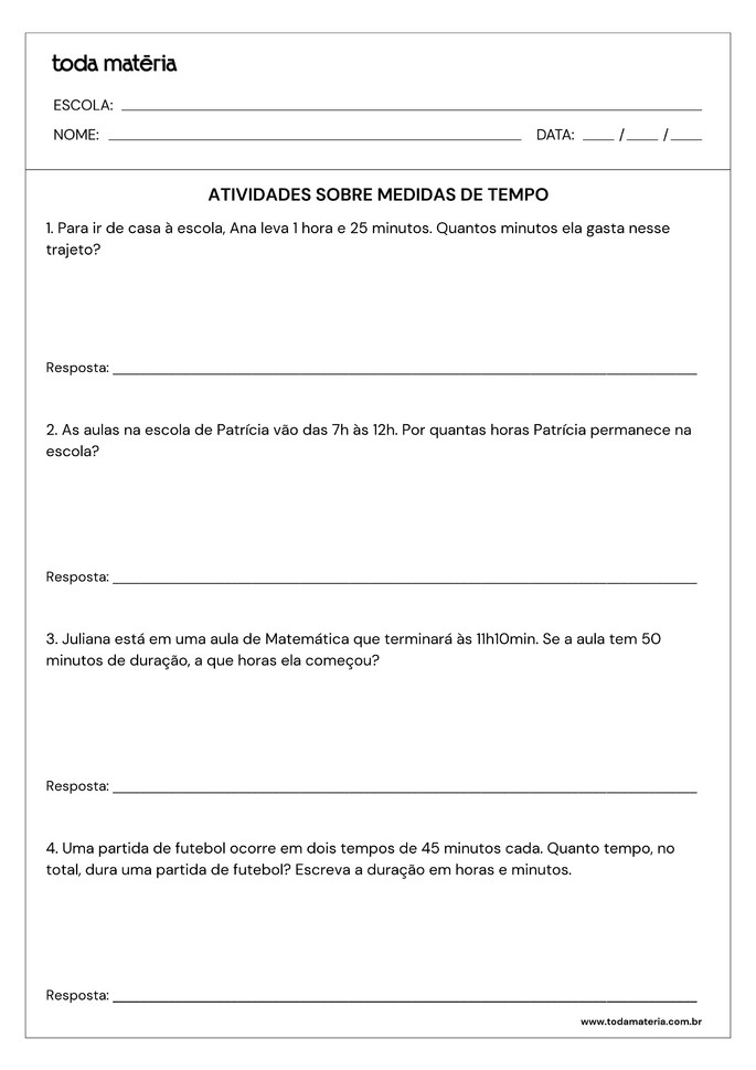 1. Quantos minutos há em 3 horas? E em 3 horas e 50 minutos