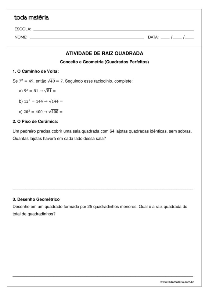 Atividades de raiz quadrada