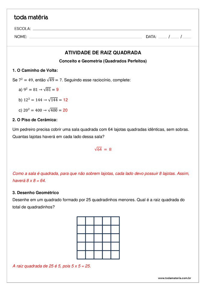 Atividades de raiz quadrada