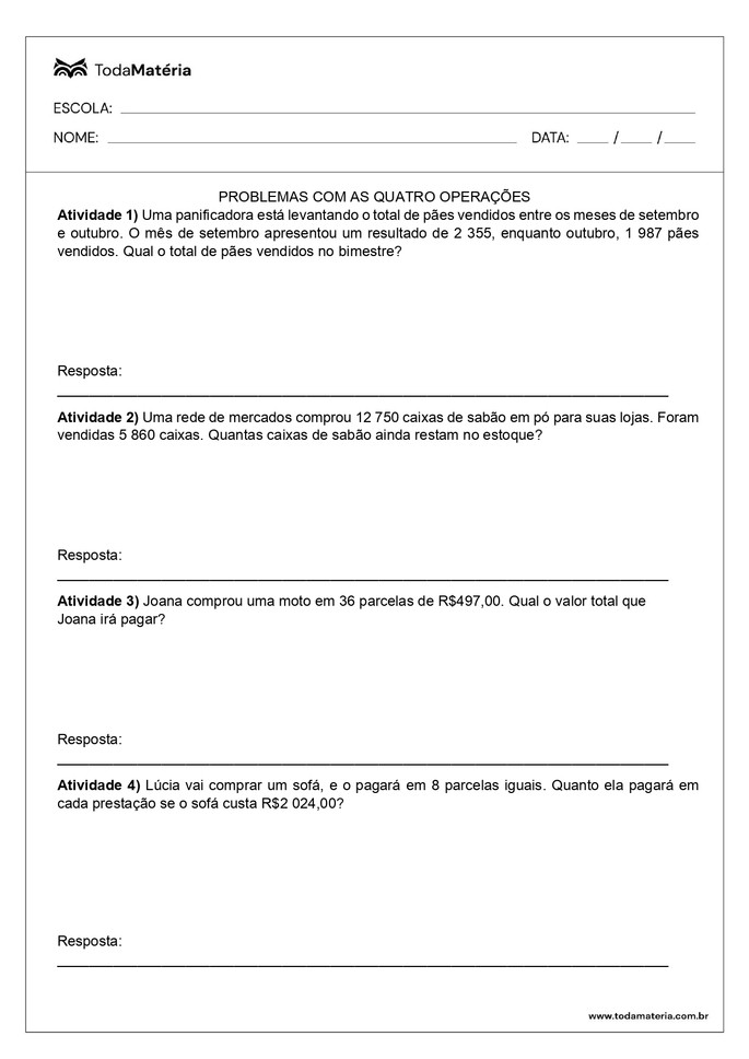 Problemas de Multiplicação para 4° ano - Toda Matéria