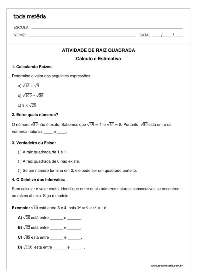 Atividades de raiz quadrada
