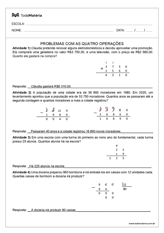 Atividade Escolar de Matemática: Contas com as Quatro Operações Para  Imprimir.