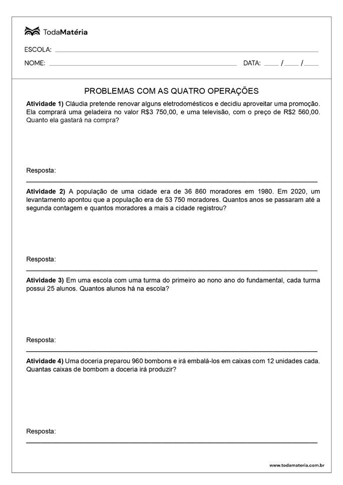 Folhas De Atividades Com Problemas Das Quatro Operações - Toda Matéria