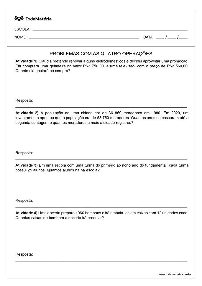 Atividade Escolar de Matemática: Contas com as Quatro Operações Para  Imprimir.