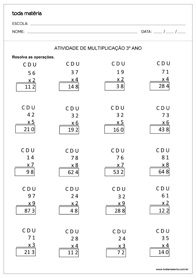 Atividades de Matemática – 3º Ano – Multiplicação e Divisão