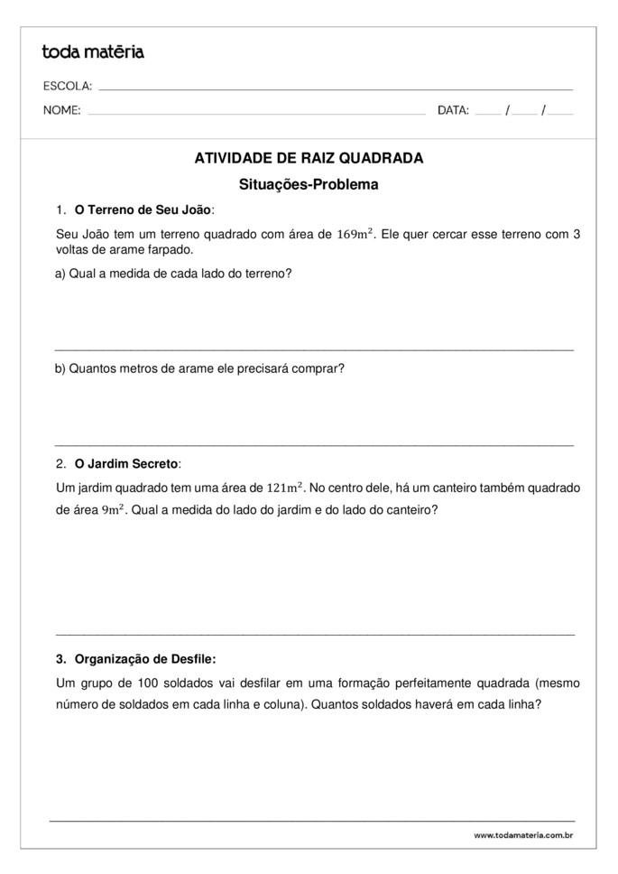 Atividade de raiz quadrada
