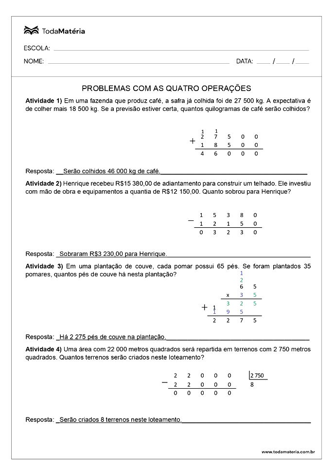 Atividade Escolar de Matemática: Contas com as Quatro Operações Para  Imprimir.