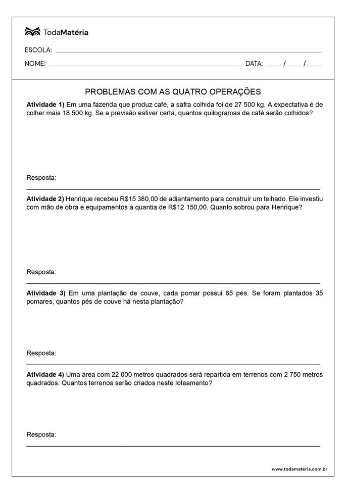 Folhas De Atividades Com Problemas Das Quatro Operações - Toda Matéria