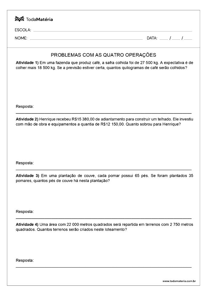 Problemas de Multiplicação para 4° ano - Toda Matéria