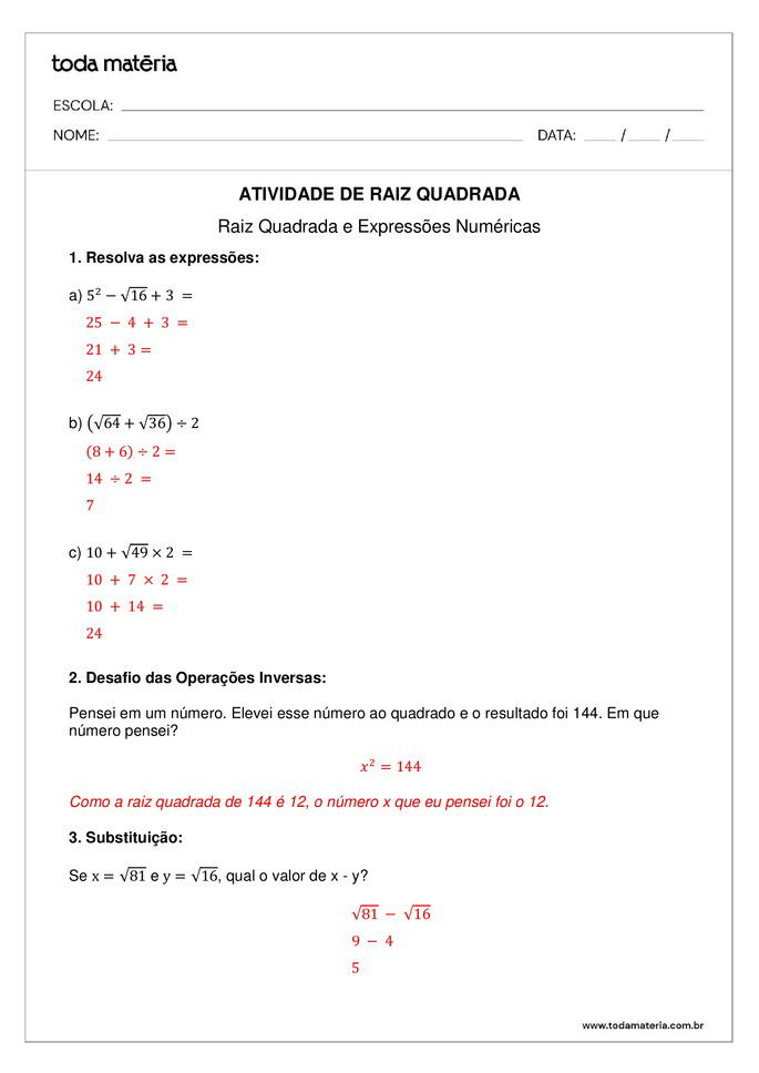 Atividade de raiz quadrada