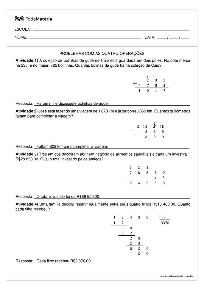Folhas de atividades com problemas das quatro operações - Toda Matéria
