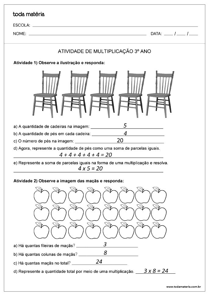 Terceiro Ano Questionários: Problemas de Multiplicação