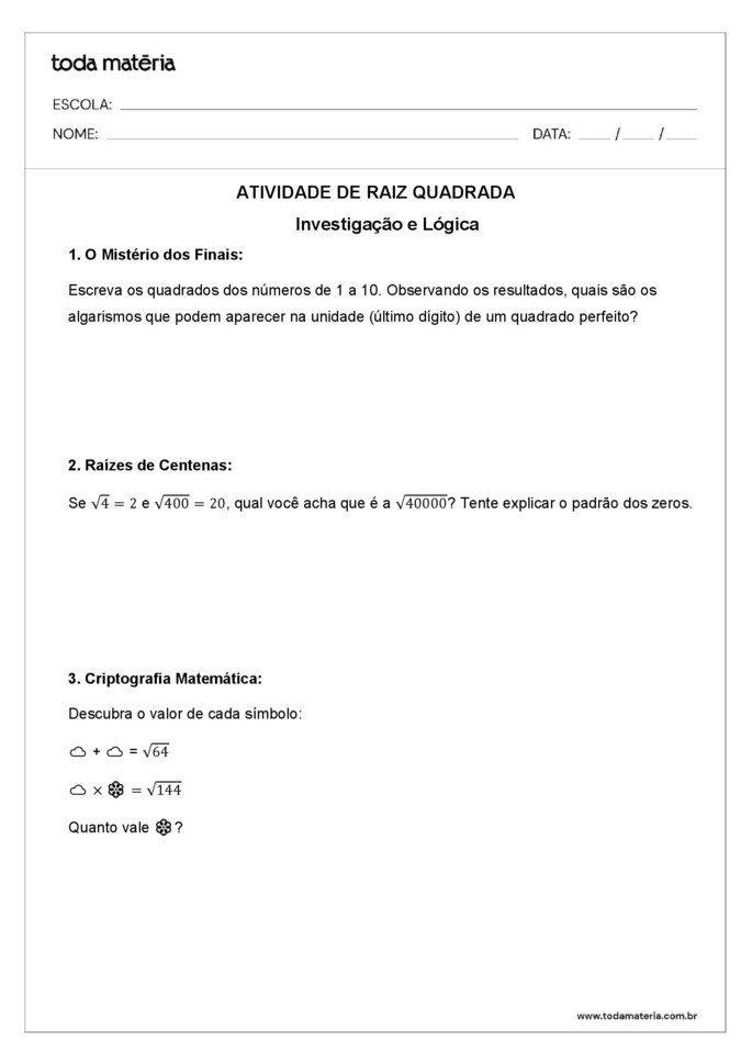 Atividade de raiz quadrada