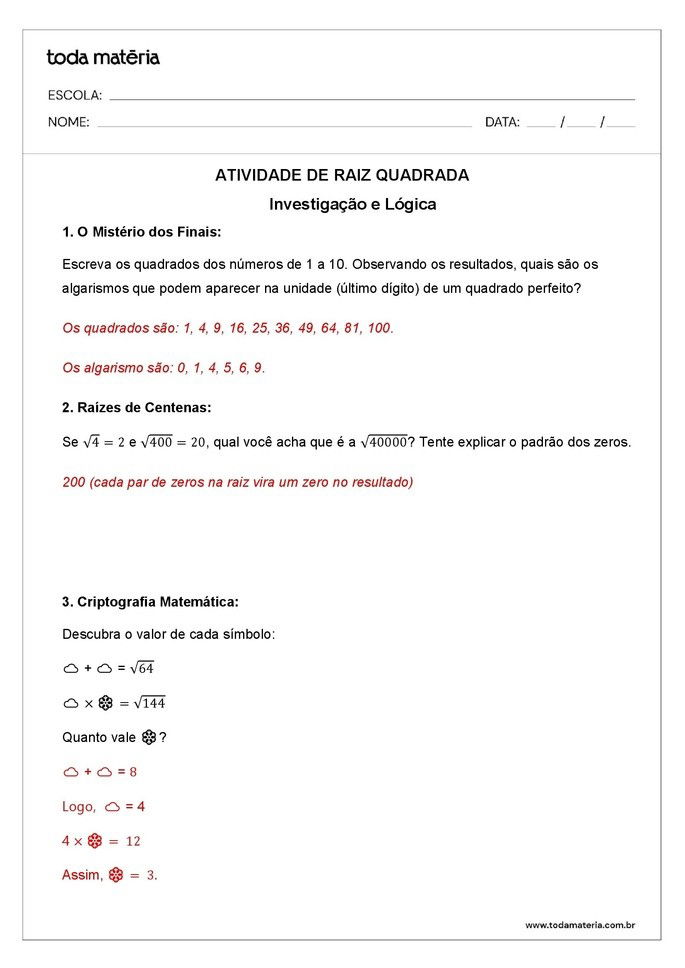 Atividade de raiz quadrada