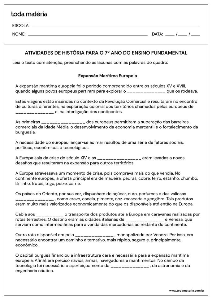 Folha de Atividade História - 7 ano - 10questão