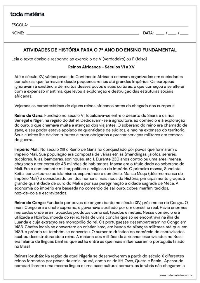 Folha de Atividade História - 7 ano - 6questão