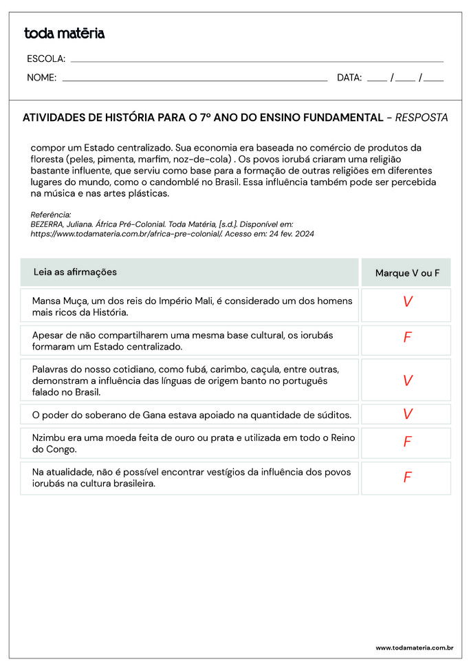 Folha de Atividade História - 7 ano - 6questão-resposta