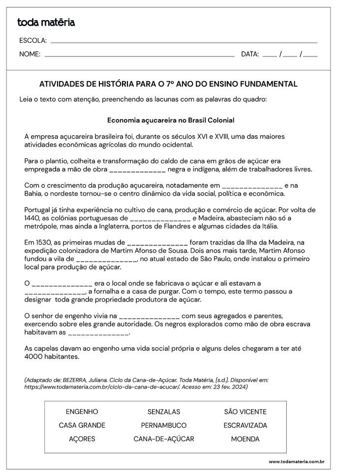 Folha de Atividade História - 7 ano - 8questão