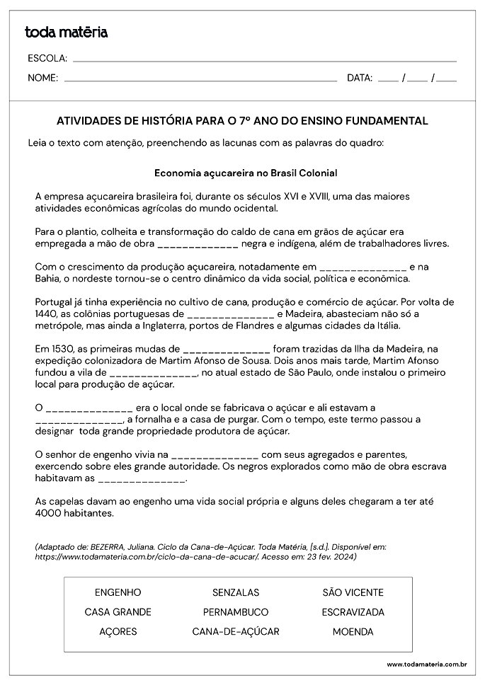 Atividades de História para o 7º ano (com respostas) - Toda Matéria