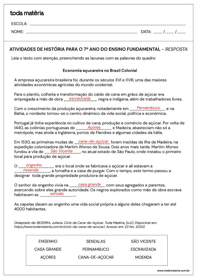 Folha de Atividade História - 7 ano - 8questão - resposta