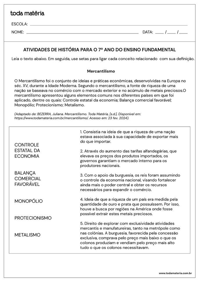 Folha de Atividade História - 7 ano - 9questão