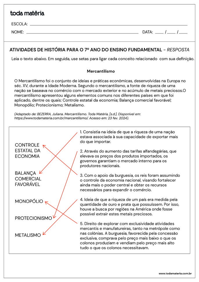 Folha de Atividade História - 7 ano - 9questão - resposta