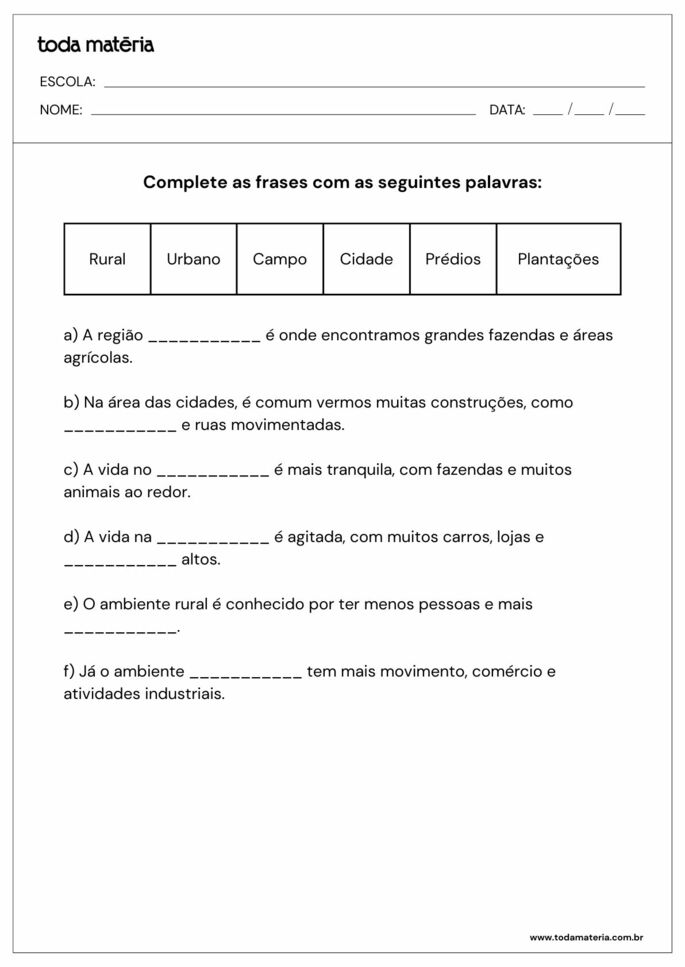 Folha de Atividade 1 - Características do campo e da cidade