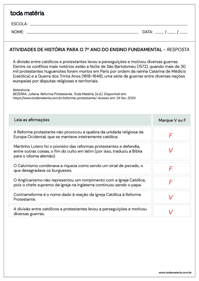 Folha de atividade de História 7 ano - 3 - resposta
