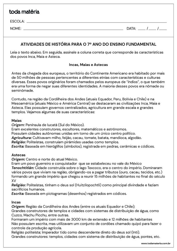 Folha de Atividade de História - 7 ano - 4