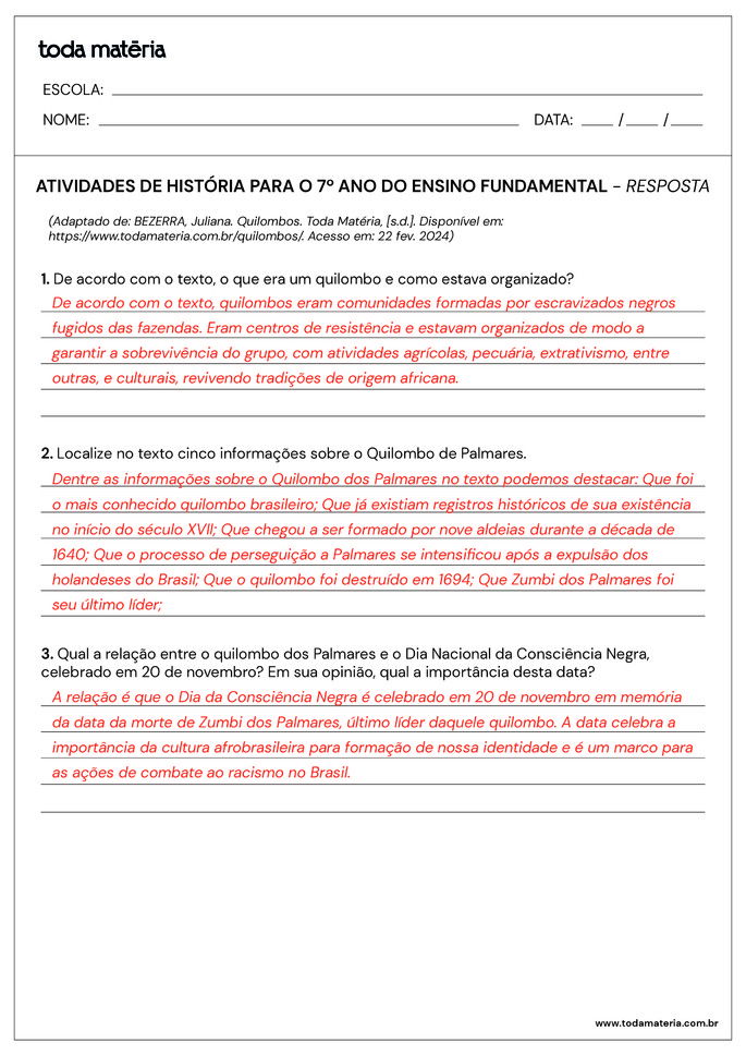 Folha de Atividade de História - 7 ano - 5 - resposta