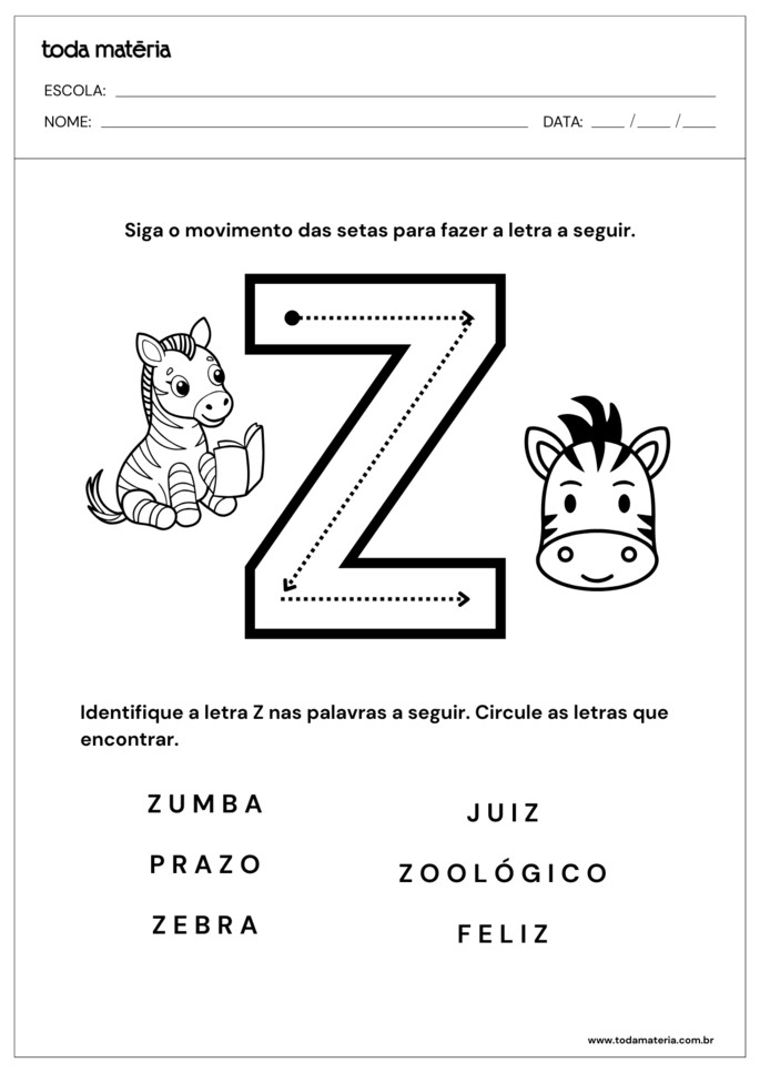 Folha de atividades sobre a letra Z para educação infantil