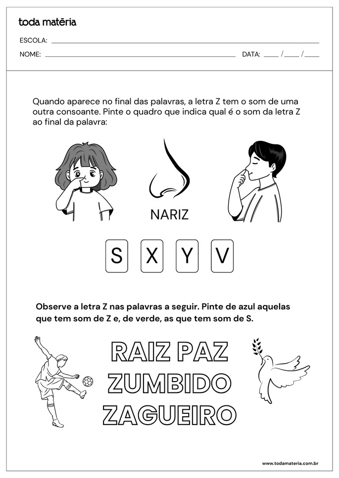 Folha de atividades sobre a letra Z para educa&ccedil;&atilde;o infantil