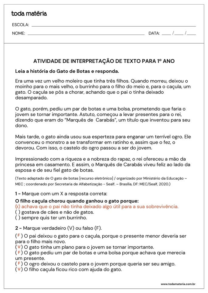 folha de resposta da atividade de interpretação do texto O Gato de Botas para 1º ano do Fundamental