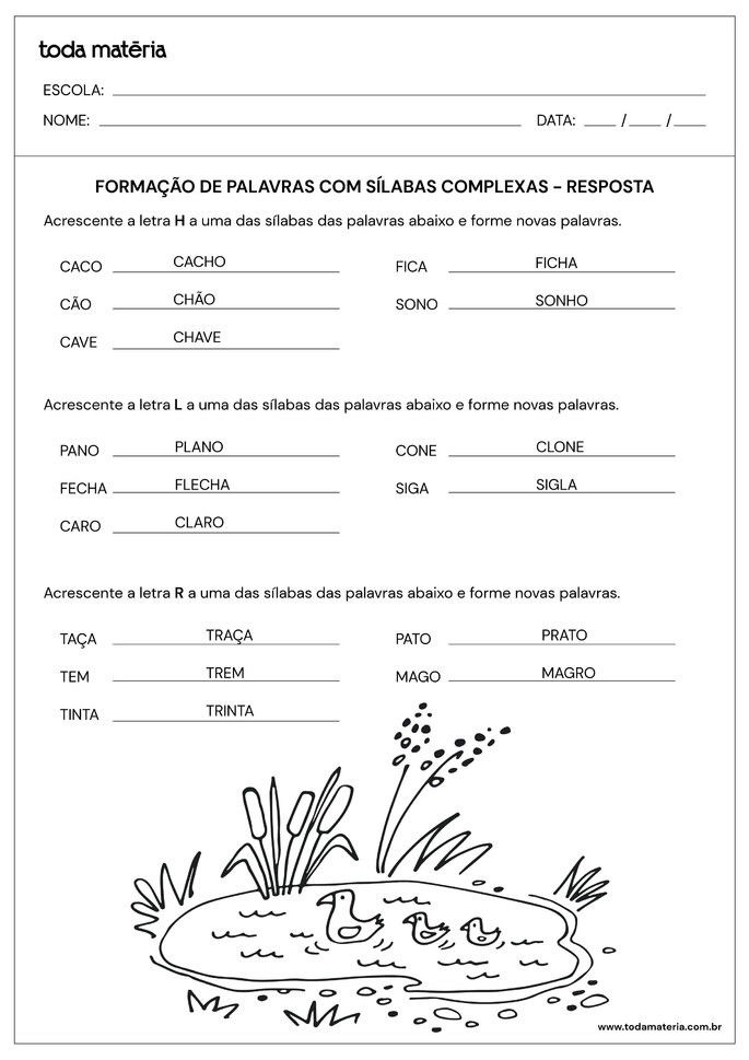 respostas da atividade de formação de palavras com sílabas complexas