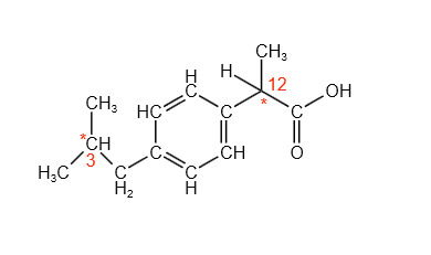 Fórmula estrutural do ibuprofeno destacando os carbonos quirais presentes na molécula