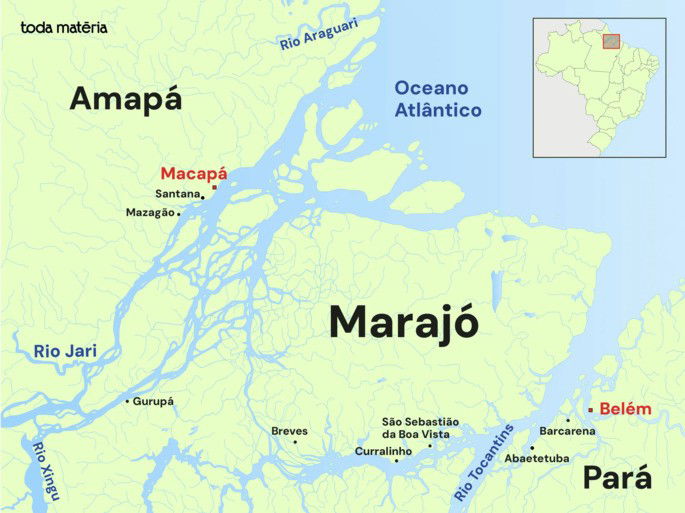Mapa de destaque da Ilha de Marajó e sua localização em relação à América do Sul.