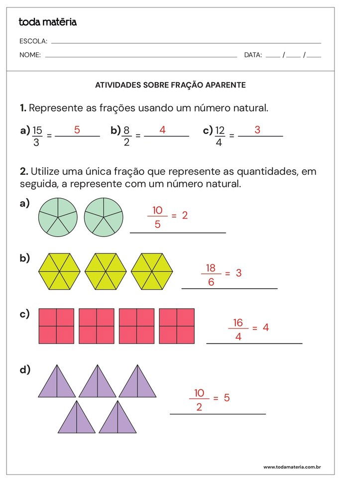 Gabarito da folha de atividade sobre fração aparente