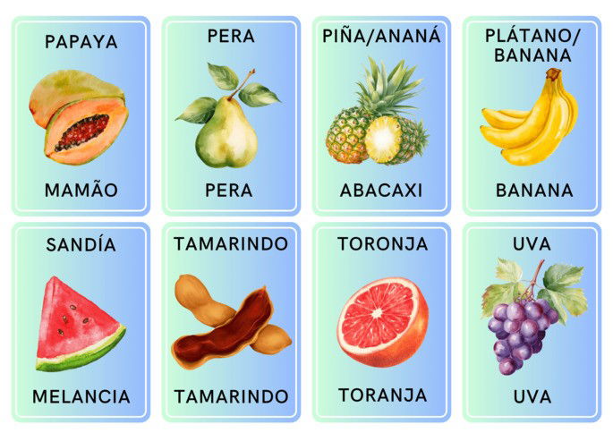 Nomes de frutas em espanhol e com suas respectivas traduções em português