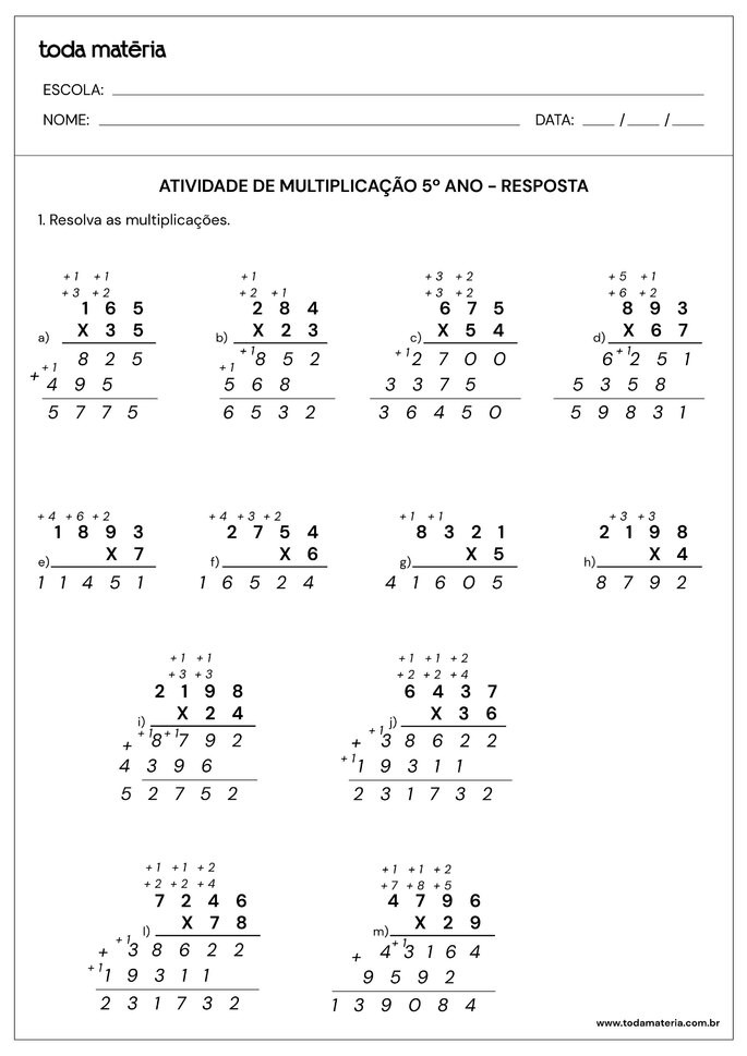 Gabarito das atividades de multiplicação para imprimir.