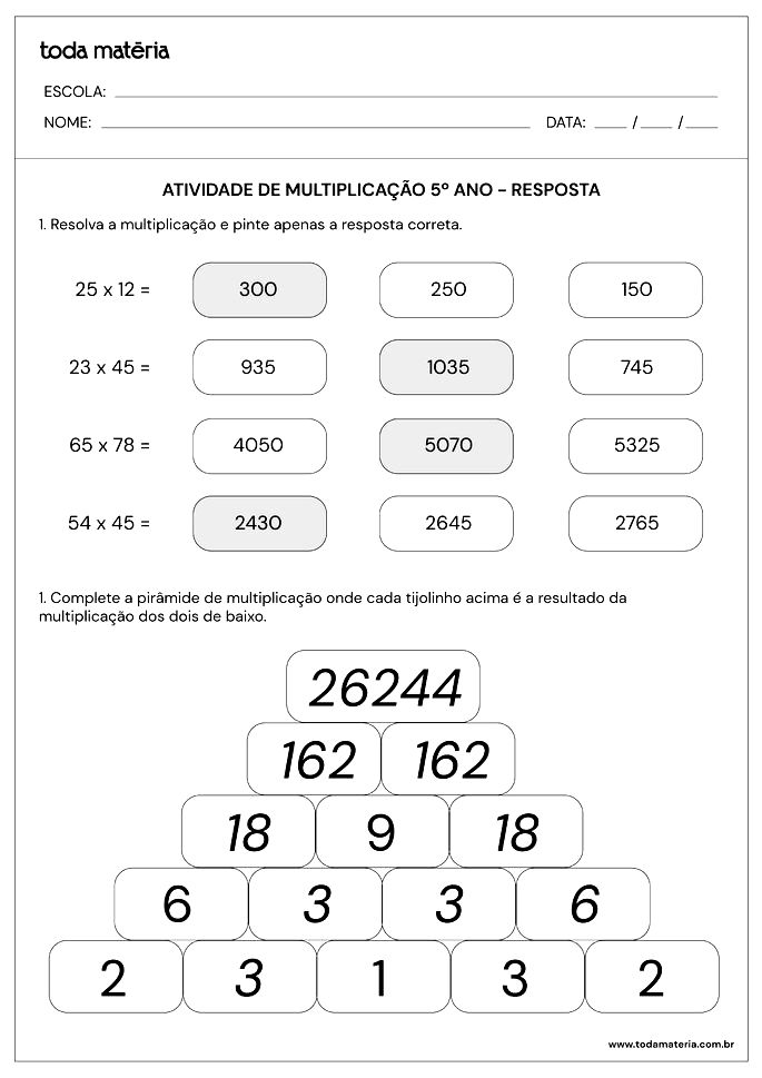 Problemas de Multiplicação para 4° ano - Toda Matéria