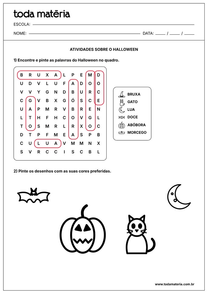 gabarito de atividade de halloween de caça-palavras para educação infantil