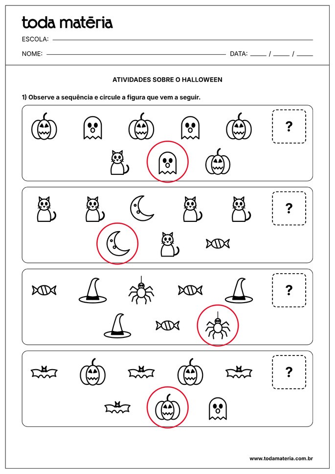gabarito de atividade de halloween de identificar sequência para educação infantil