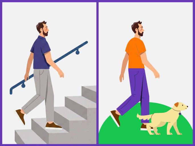 Exemplos de atividades físicas como subir escadas e passear com o cachorro.