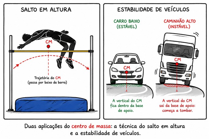 Salto em altura com o centro de massa passando sob a barra e comparação de estabilidade entre carro e caminhão.