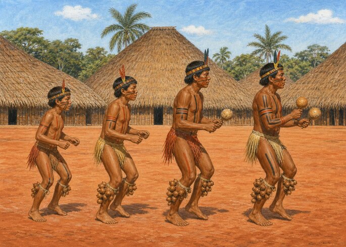 Fila de meninos e homens dan&ccedil;ando no p&aacute;tio de terra de uma aldeia, com chocalhos presos abaixo dos joelhos e caba&ccedil;as seguras nas m&atilde;os.